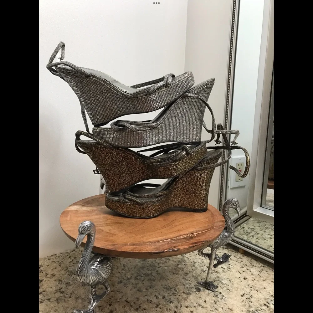 SEXY BCBG Bronze & Silver 2 Pairs “As Is” Glittery Wedges Sz 7…